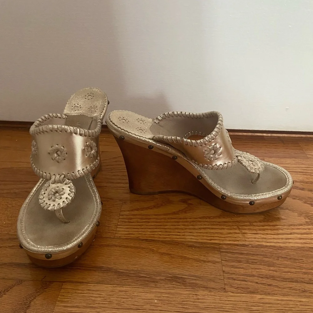 Jack Rogers Marbella Gold Leather Wooden Platform Wedge Sandals - Picture 2 of 6